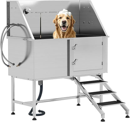 Albott 50-Inch Stainless Steel Pet Washing Station with Stairs, Dog Bath Tub 3-Speed Showerhead, Removable Grates, Easy to Clean, L-Size (Right)