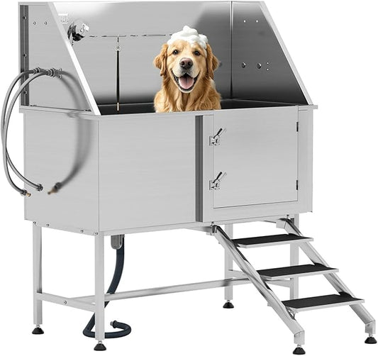 Albott 50-Inch Stainless Steel Pet Washing Station with Stairs, Dog Bath Tub 3-Speed Showerhead, Removable Grates, Easy to Clean, L-Size (Right)
