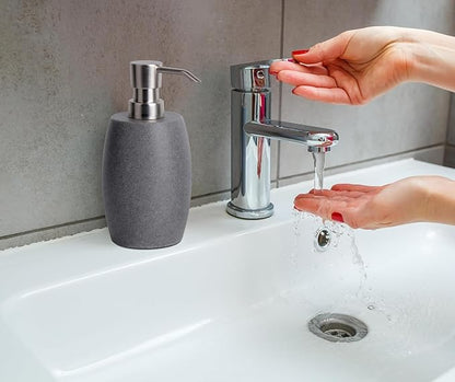 Sandstone Textured Resin Soap Dispenser with Metallic Pump and Waterproof Bottle Labels for Bathroom Kitchen Dish Hand Wash Shower Lotion Shampoo, 12 Oz, 2 Sets Gray
