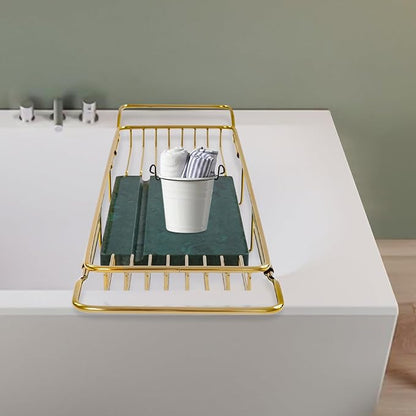 Bathtub Tray Caddy for Luxury Bath, Stainless Steel 26.8-35.4 in Expandable Extra Wide Bath Tub Tray with Natural Marble and Mobile/Tablet Stand, Ideal for Home Spa Lovers (Gold + Green)