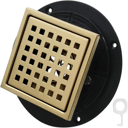 4 Inch Square Shower Drain, 304 Stainless Steel Shower Floor Drain Kit with Flange, Removable Grid Cover Hair Strainer, Golden Brushed Nickel for Bathroom, Garage, Laundry Room