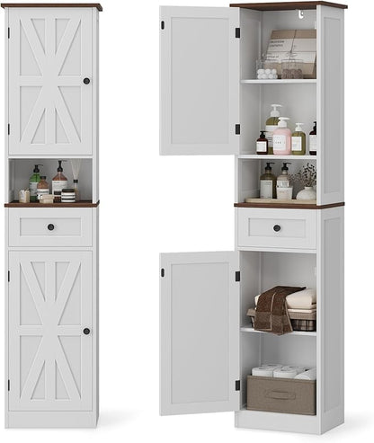 67" H Tall Bathroom Cabinet, Narrow Storage Cabinet with 2 Barn Doors and 1 Drawer, Freestanding Floor Cabinets with 5 Shelves and Open Storage Shelf for Bathroom, Living Room, Kitchen, White