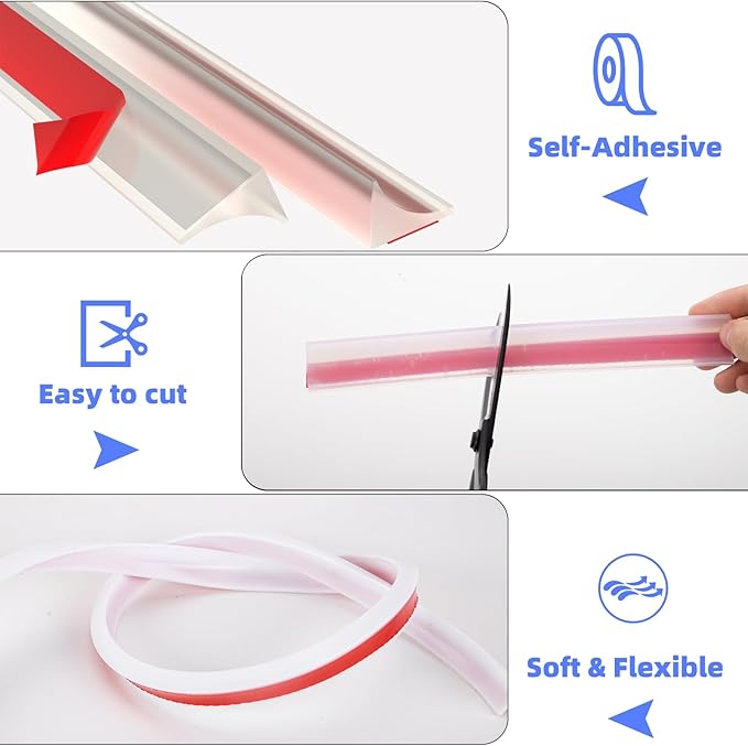 39 Inch Shower Threshold Water Dam Barrier,Silicone Shower Door Bottom Seal for Water Stopper,Flexible Edge Trim for Kitchen Sink Splash Guard,Self Adhesive Water Blocker for Bathtub,Transparent