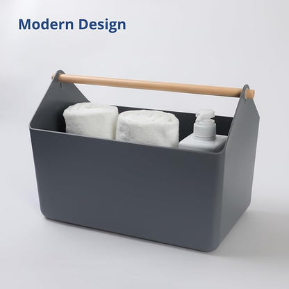 BLUE GINKGO Large Storage Basket – Plastic Caddy with Wooden Handle for Bathroom, Pantry, or Cleaning Supplies (Gray)