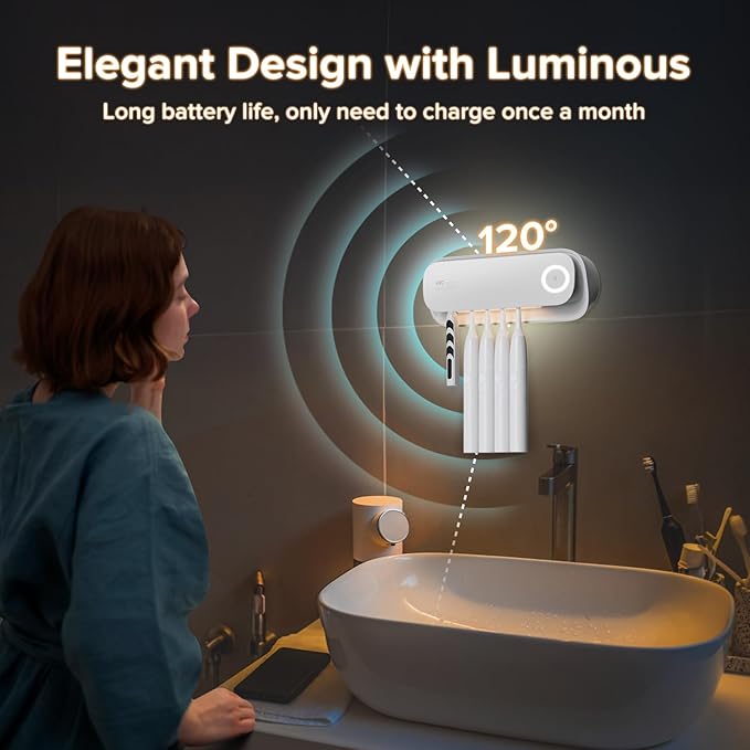 Toothbrush Sanitizer Holder for Bathrooms, 5 Slots Toothbrush Sanitizer and Holder, Rechargeable Cordless Wall Mounted Organizer, Toothbrush Cleaner with Drying Function, No-Drilling