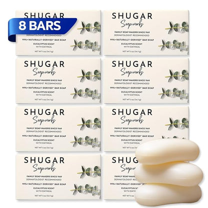 Shugar Soapworks Oatmeal & Eucalyptus 5 oz Beauty Bar Soap 8-Pack | Plant-Based Formula | Sulfate & Paraben Free | Moisturizing Gentle Cleanser for Sensitive Skin, Body & Hands