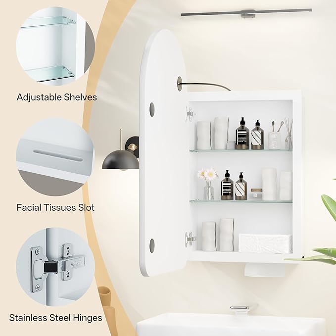 LED Arched Bathroom Medicine Cabinet with Mirror, No Assembly Needed, Recessed or Surface Mount Wall Storage Cabinet, Mirror Cabinet with Tissue Slot (Bevel-LED, 31.5" L x 19.7")