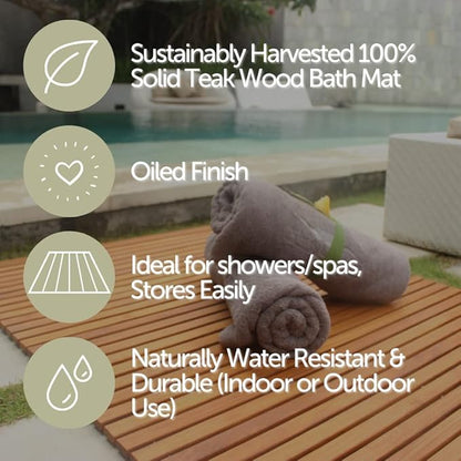 Nordic Style Premium Teak Shower and Bath Mat for Indoor and Outdoor Use - Non-Slip Wooden Platform for Spa, Sauna, Pool, Hot Tub - Flooring Decor and Protector (31.4" x 19.6", Oiled Finish)