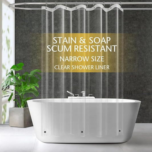 Narrow Size Clear Plastic Shower Curtain Liner, 54x72 Inch Thin Lightweight Transparent Plastic Bathroom Shower Showroom Inner Curtain with Rustproof Metal Grommet Holes and Weighted Magnets