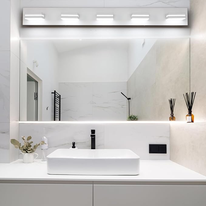 SineRise LED Modern Bathroom Vanity Light Fixtures (5-Light, 40-Inch), Matte White Modern Acrylic Bathroom Wall Lighting Fixtures Over Mirror (Cool White 6000K)
