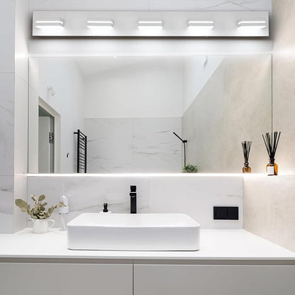 SineRise LED Modern Bathroom Vanity Light Fixtures (5-Light, 40-Inch), Matte White Modern Acrylic Bathroom Wall Lighting Fixtures Over Mirror (Cool White 6000K)
