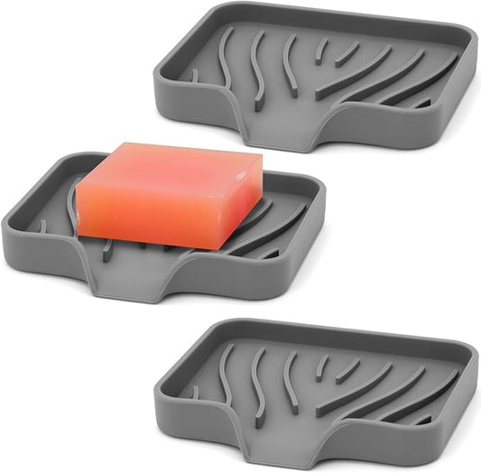 3-Pack Silicone Soap Dish Set – Bar Soap Holder with Self-Draining Design, Easy-Clean Tray for Shower, Bathroom, Kitchen, and Tub (Gray)