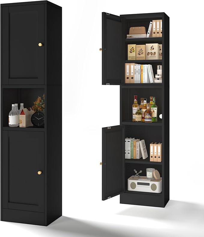 COFaR 67" Tall Metal Bathroom Storage Cabinet,6-Tier Freestanding Linen Tower with 2 Doors,Narrow Slim Metal Locker Storage Cabinet for Small Spaces,Modern,Black