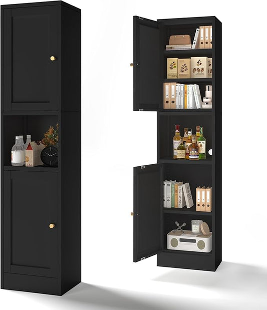 COFaR 67" Tall Metal Bathroom Storage Cabinet,6-Tier Freestanding Linen Tower with 2 Doors,Narrow Slim Metal Locker Storage Cabinet for Small Spaces,Modern,Black