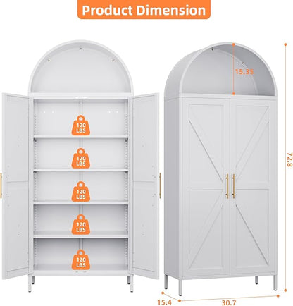 Farmhouse Kitchen Pantry Cabinet, 73in Tall Arched Storage Cabinet with Doors and Shelves, White Freestanding Cupboard for Laundry, Dining Room, Living Room, Bathroom