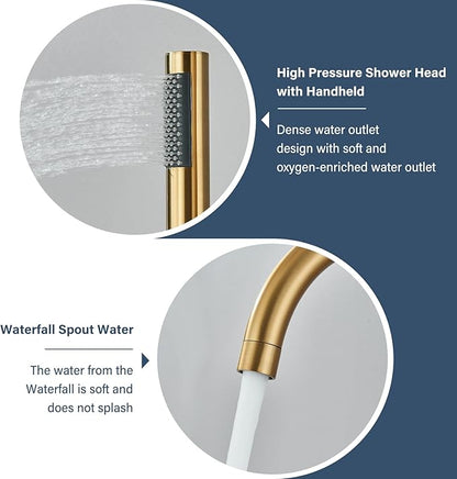 Brushed Gold Freestanding Bathtub Faucet with Hand Shower Tub Filler Faucet Floor Mounted High Flow Single Handle Bath Filler Solid Brass
