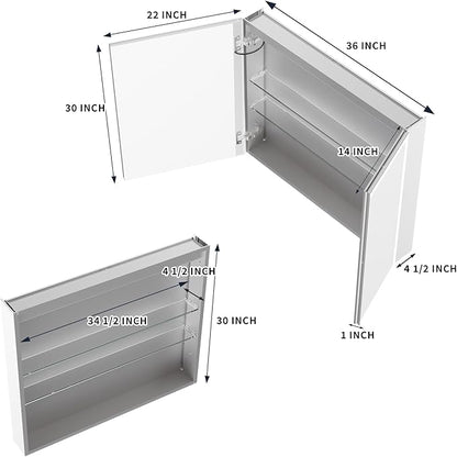 GroGro LED Lighted Bathroom Medicine Cabinet with Mirror,36" W x 30" H Medicine Cabinet with Lights,Surface or Recessed Mounting,Defog,Dimming,3-Color Temperature Adjustment