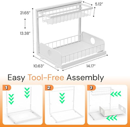 Under Sink Organizer, 1 Pack, 2 Tier Pull Out Sliding Shelf, Adjustable Height, Heavy Duty, Cabinet Organizer for Kitchen Bathroom, Tool-Free Install, White