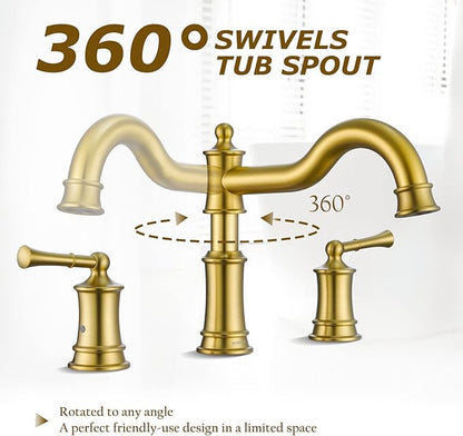 Roman Bathtub Faucet Deck Mount Tub Faucet for Bathroom Widespread Elegant Classic Spout with 3 Holes 2 Handle Valve Cartridge Included,Brush Gold
