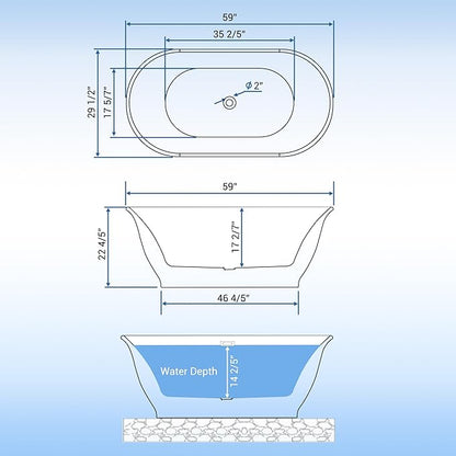 Freestanding Bathtub 59 Inch Oval Acrylic Soaker Tub – Flared-Edge Free Standing Bathtub with Gray Exterior White Interior, Chrome Drain & Overflow