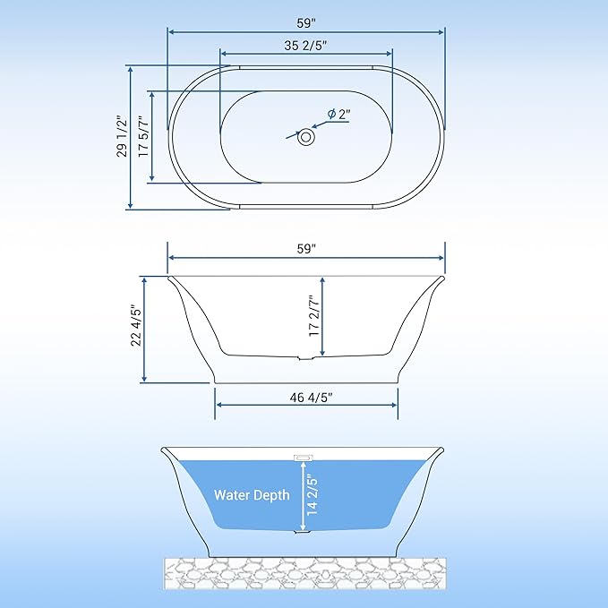 Freestanding Bathtub, 59 Inch Acrylic Soaking Tub, Elliptical Design with Chrome Drain & Overflow, Dual-Tone White & Gray Finish for Contemporary Bathrooms
