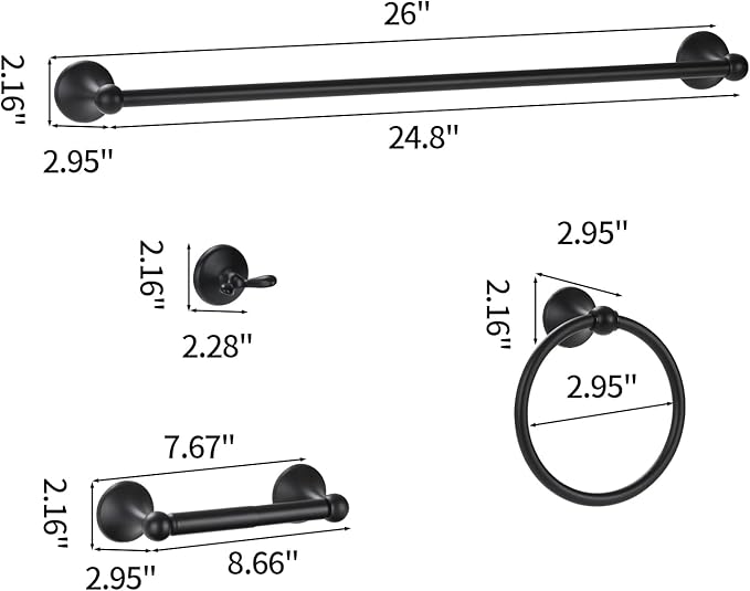 Bathroom Accessory Set,Matte Black Adjustable Expandable Towel Bar 4-Piece Bathroom Hardware Set Durable 24 inch Towel Rack Set Wall Mounted