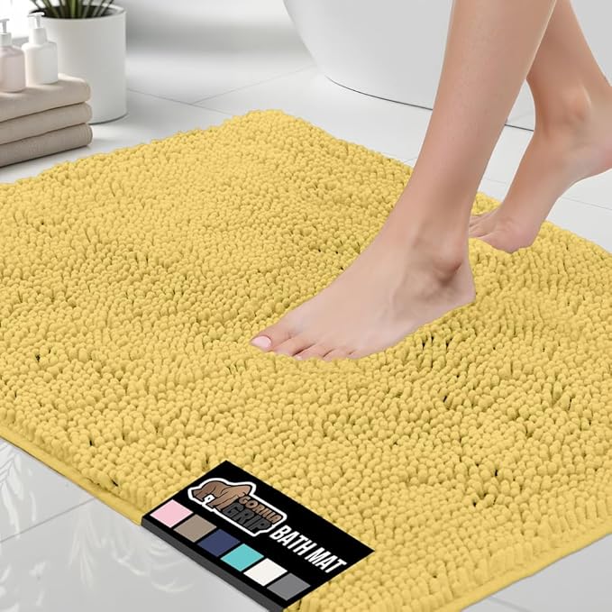 GORILLA GRIP Bath Rug Mat 60x24, Thick Soft Absorbent Chenille, Quick Dry Microfiber Mats, Rubber Backing Washable Shower Floor Rugs, Bathmat Runner, US Designed Bathroom Home Decor Accessories Yellow