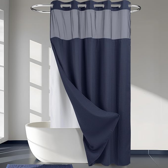 River Dream Heavyweight No Hooks Required Dotted Waffle Weave Shower Curtain with Snap in Liner -Extra Long 71W x 86H,Hotel Grade,Spa Like Bath Curtain,Navy