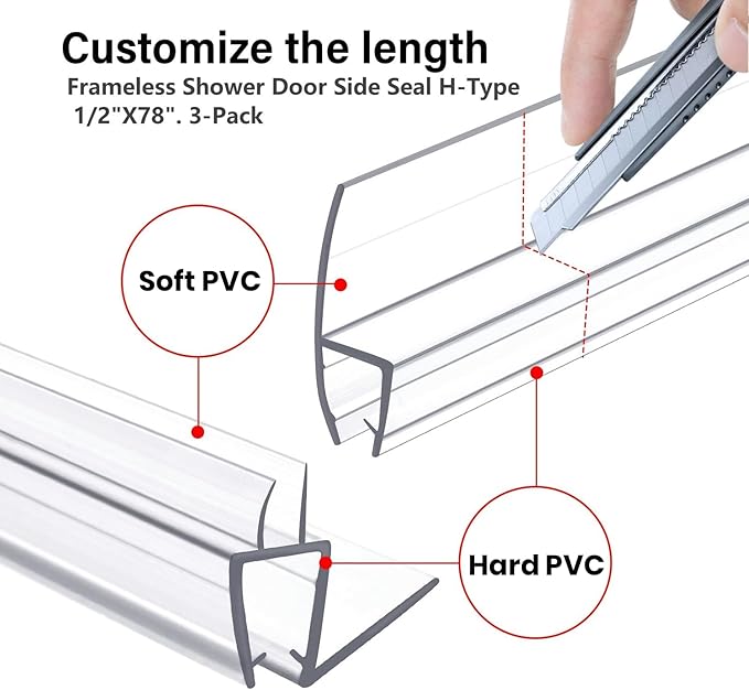 Shower Door Bottom&Side Seal Set 3PCS, 78" (1981mm) Length H-Type PVC Strip for 1/2" (12mm) Thick Frameless Glass Door, to Stop Water Leaks