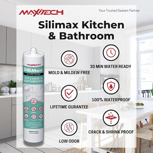 Kitchen & Bathroom Silicone Caulk– 100% Clear Silicone Sealant Waterproof for Sinks, Tubs, Shower Seal & Toilet Seal – Crack-Proof, Quick-Dry Formula Silicone Caulking, 12-Pack