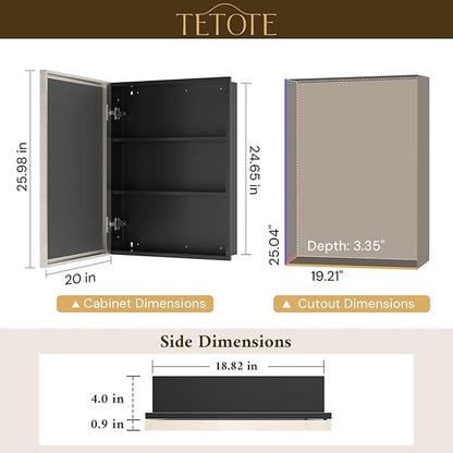 TETOTE Brushed Nickel Medicine Cabinet 20" x 26" Recessed or Surface Wall-Mounted Aluminum Alloy Framed Medicine Cabinet Stepless Adjustable Shelves