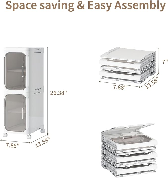 KHNR 2-Tiers Slim Bathroom Storage Cabinet, Foldable Storage Cabinets,Narrow Bathroom Storage,Movable Bathroom Storage Organizer for Small Spaces,Bathroom,Kitchen,Laundry,White