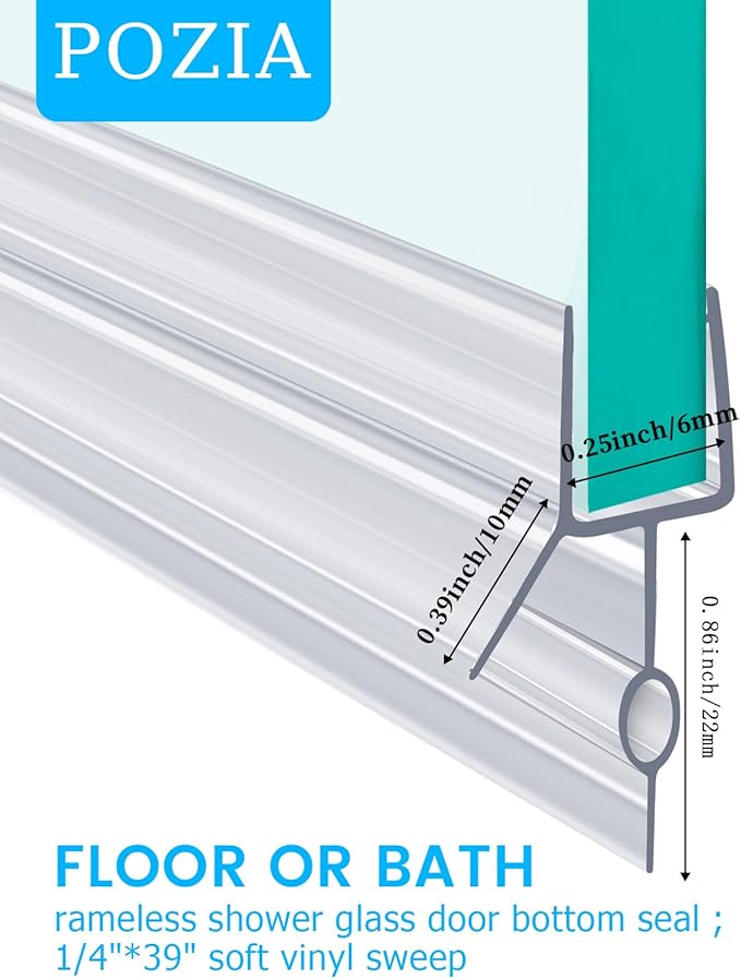 POZIA Clear Frameless Glass Shower Door Bottom Seal | Shower Door Sweep for Leak-Proof, Quick Installation to Create Reliable Water Barrier (2PACK-1/4in-22mm Gap)