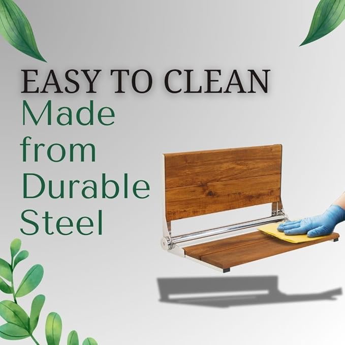 Teak Shower Seat - Contour Wood / Folding Wall Mount Bench for Inside Shower / ADA Safety Assist / 304 Stainless Steel / Polished Chrome / 18" x 16"