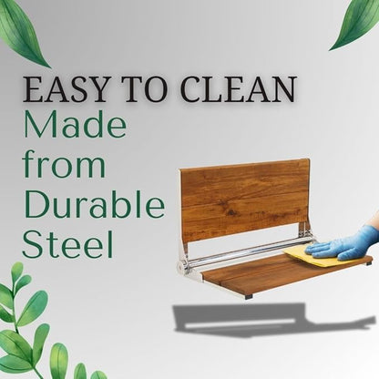 Teak Shower Seat - Contour Wood / Folding Wall Mount Bench for Inside Shower / ADA Safety Assist / 304 Stainless Steel / Polished Chrome / 18" x 16"