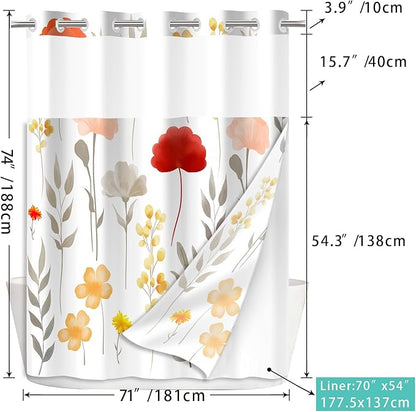 No Hook Shower Curtain Set with Snap in Fabric Liner for Bathroom,with See Through Top Window,Double Shower Curtain with Detachable Liner Replacement,Machine Washable,White Floral,71"x 74"