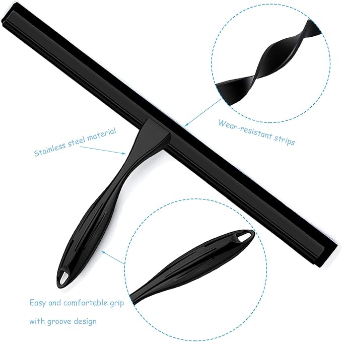 Shower Squeegee for Glass Doors, 14 Inches Bathroom Squeegee with Spare Silicone Blade, Shower Door Hook and Adhesive Hook, Stainless Steel Bathroom Squeegee for Mirror Window (14in-Black-1 Pack)