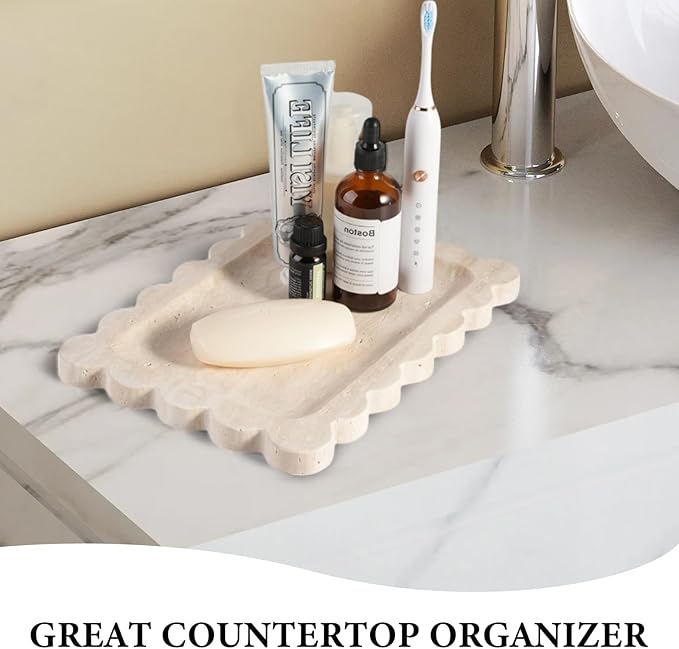 Koville Romano Travertine Vanity Tray, 11"x8" Natural Marble Decorative Scalloped Tray for Jewelry Cosmetics Perfume Trinket, Stone Organizer Tray for Countertop Bathroom Kitchen Dresser(Beige)