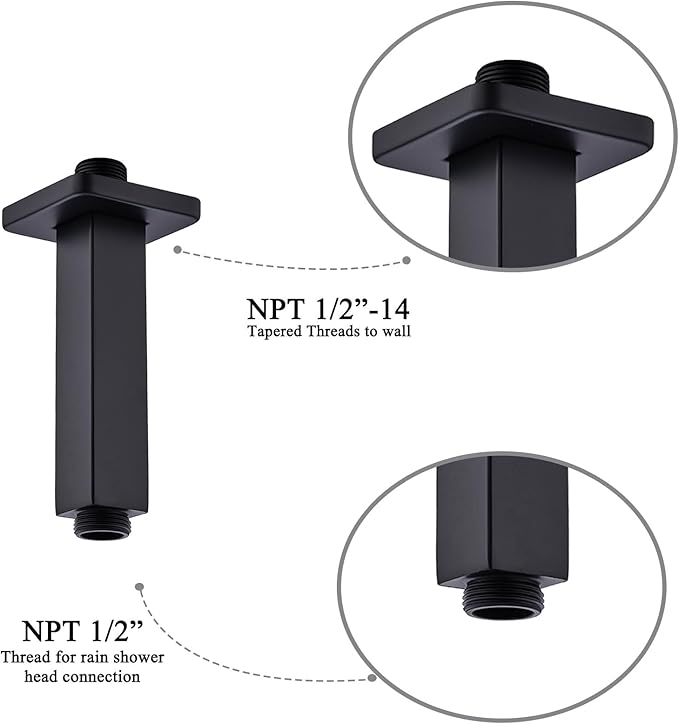4 Inch Shower Arm with Flange, Ceiling Mounted Square Shower Head Extension Arm, 1/2 NPT Straight Arm for Rain Shower Head, Stainless Steel Shower Head Extension Replacement Pipe Arm,Matte Black