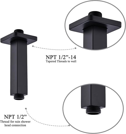 4 Inch Shower Arm with Flange, Ceiling Mounted Square Shower Head Extension Arm, 1/2 NPT Straight Arm for Rain Shower Head, Stainless Steel Shower Head Extension Replacement Pipe Arm,Matte Black