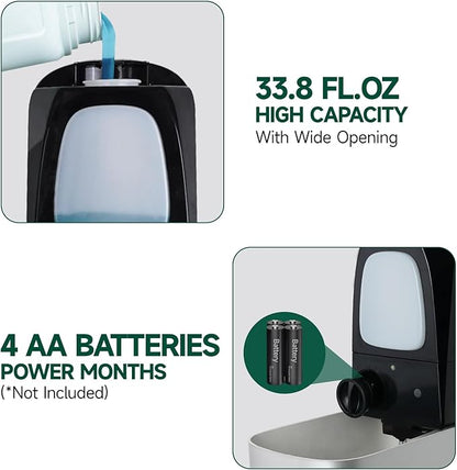 Commercial Automatic Soap Dispenser Large 34oz/1000ml Capacity Wall-Mounted Touchless Liquid Dispenser for High-Traffic Restrooms, Offices, Hospitals Model AD1220S Silver