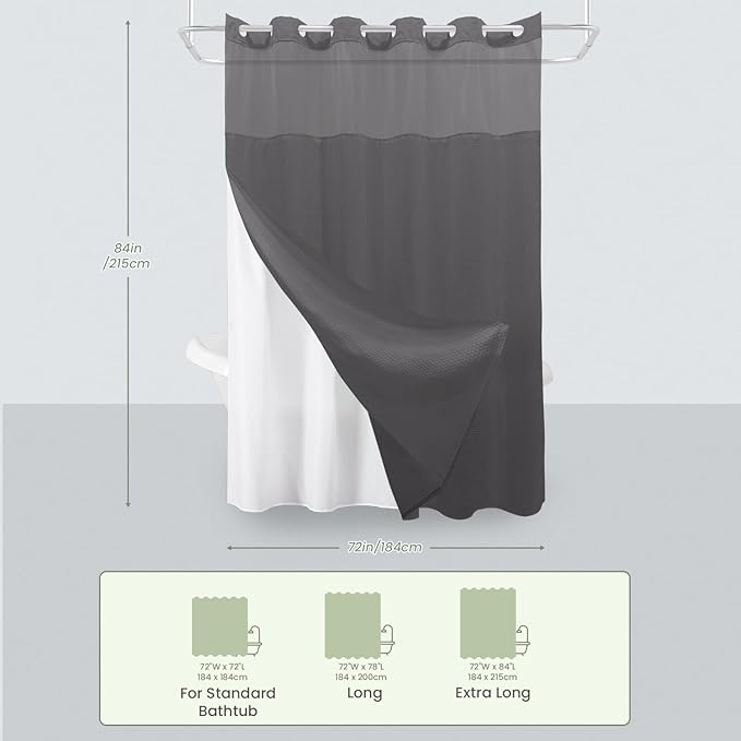 Inhousolu Extra Long No Hook Shower Curtain with Snap in Fabric Liner Set Waffle Weave 230GSM Weighted Hem, Waterproof & Washable Bathroom Curtain Spa with Mesh Top Window 72" W x 84" L Graphite Grey