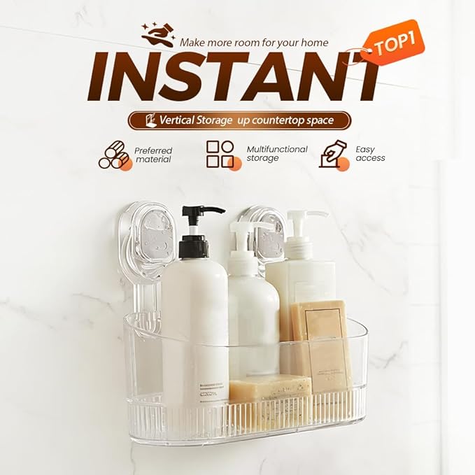 No-Drill Bathroom Suction Storage Box, Corrugated Suction Cup Storage Holder, Removable Hanging Basket, No Drilling Shelves Caddy, Ripple Acrylic Wall Shelf (Transparent)
