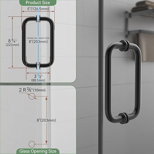 Shower Door Hardware Kit 304 Stainless Steel for 6/25"-1/2" (6mm-12mm) Tempered Glass, Hardware Accessories with 8" Handles Hinges Glass Clamp - Matte Black
