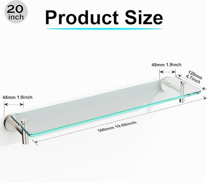 Glass Shelves for Bathroom,20-Inch Brushed Nickel Floating Bathroom Shelf Stainless Steel Tempered Glass Shelf Modern Shelves Wall Mounted