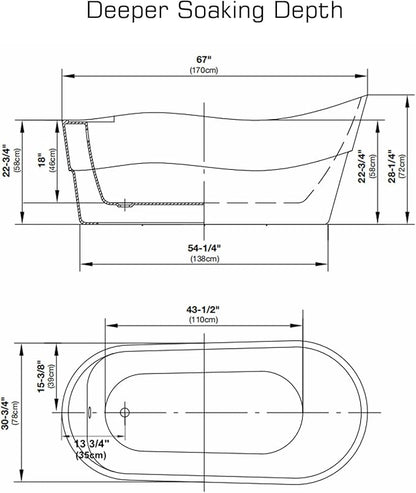 Empava Bathtub, 67" Soaking Tub, Acrylic Free Standing Tub with End Drain and Overflow, Contemporary Design Bathtub for Bathroom, cUPC Certified, Glossy White