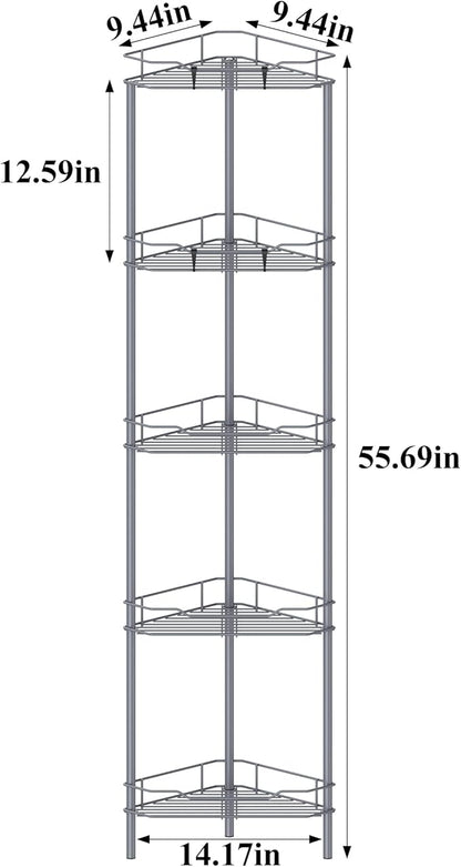 5 Tier Floor Standing Corner Shower Caddy Organizer Shelf with Hooks, Bathroom Shelves Stand Rack, Dark Gray
