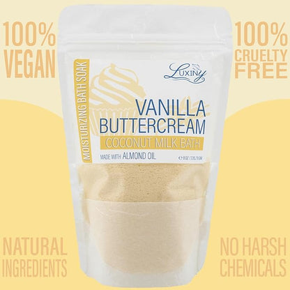 Luxiny Vegan Milk Bath Soak Made with Moisturizing Coconut Milk Powder & Sweet Almond Oil for a Bath Bomb Dust Soothing Fizz & Relaxing Soak, 8 oz. (Vanilla Buttercream)