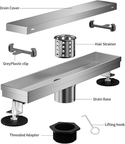Linear Shower Drain, 304 Stainless Steel with Adjustable Leveling Feet, Hair Strainer,Reversely Install Place to Create an Invisible Floor Drain - Silver -48-Inch