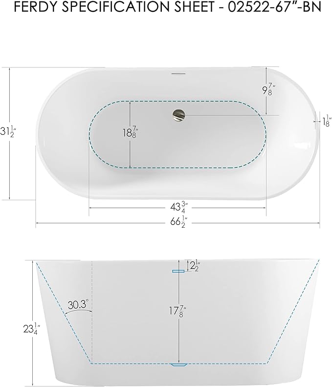 FerdY Shangri-La 67" Acrylic Freestanding Bathtub, Classic Oval Shape Acrylic Soaking Bathtub with Brushed Nickel Drain & Minimalist Linear Design Overflow, Modern White, cUPC Certified